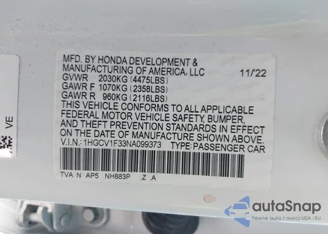 2022 Honda Accord Sport z USA, uszkodzony, nr VIN 1HGCV1F33NA099373